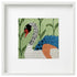 Framed needlepoint artwork of a swan on a green background