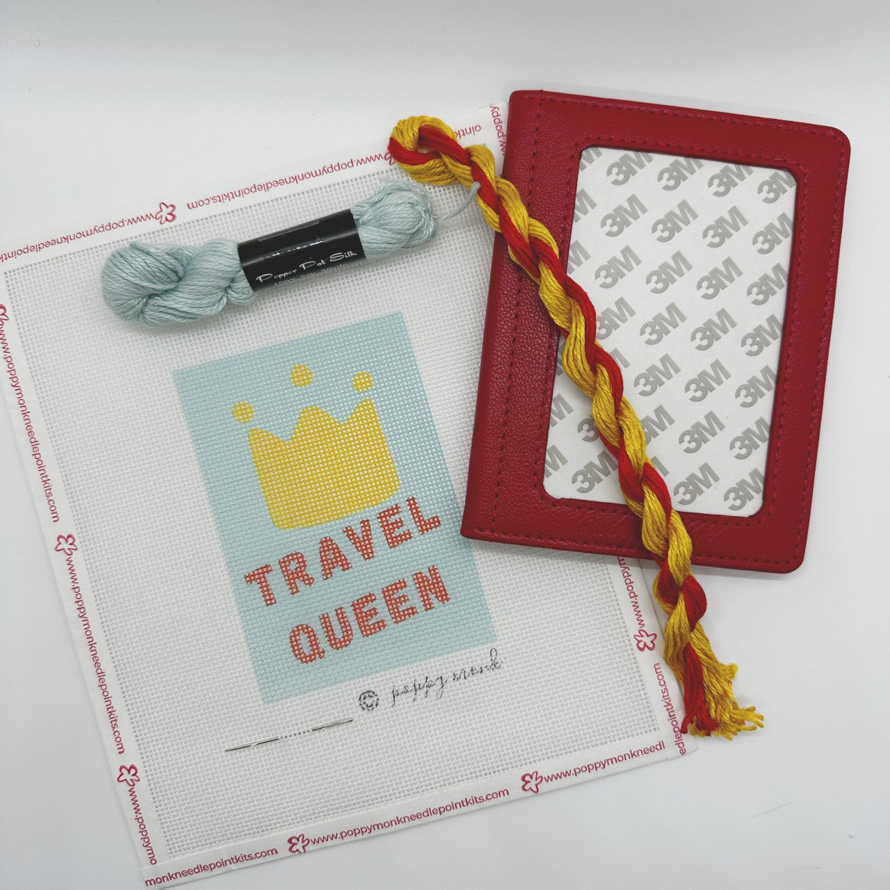 Needlepoint passport wallet kit with Travel Queen canvas