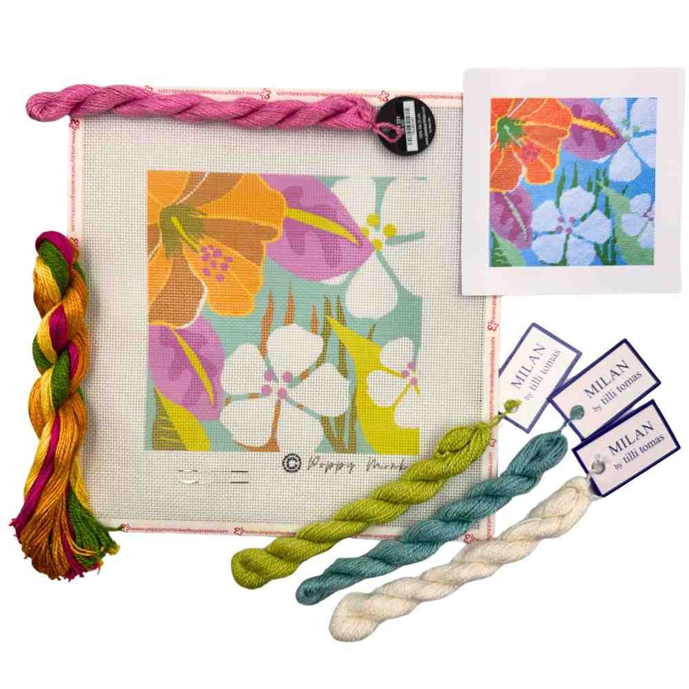 Tropical Flowers modern needlepoint kit on 13 mesh.