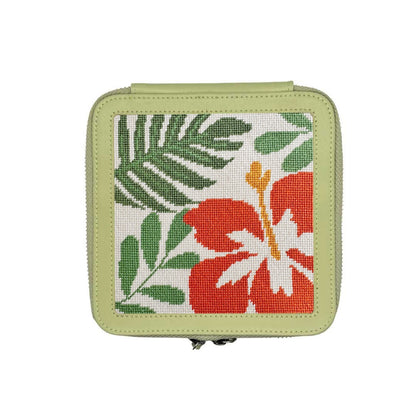 Tropical needlepoint in green leather box