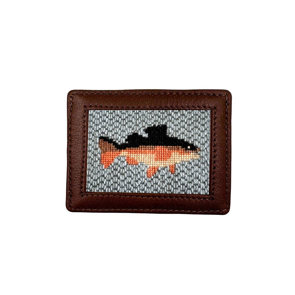 brown leather credit card holder with trout design
