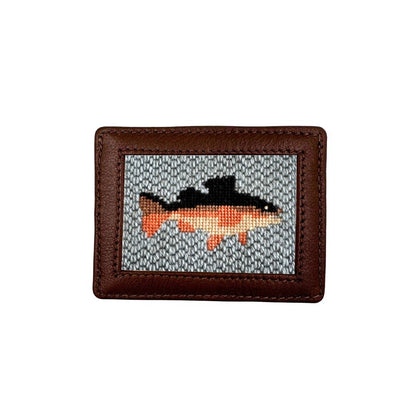 brown leather credit card holder with trout design
