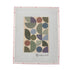 A needlepoint canvas featuring a mid-century modern geometric pattern with semicircles and circles in muted green, purple, blue, and brown tones on a beige background. 