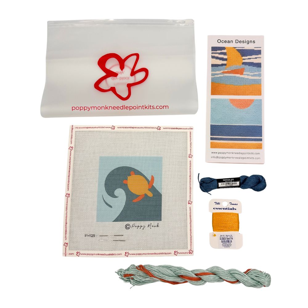 Nedlepoint kit contents: turtle surfing for beginners