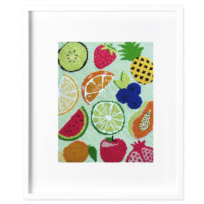 Tutti Frutti needlepoint kit on 13 mesh with silk threads.