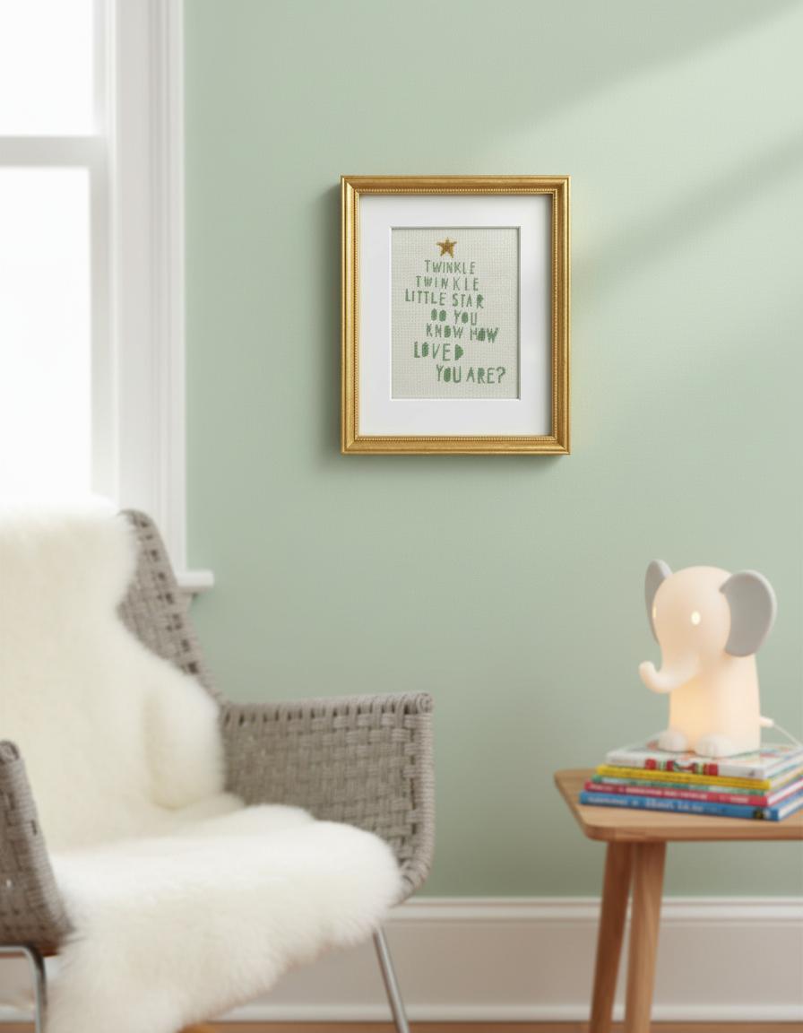Framed needlepoint artwork on a wall with a chair and small table in a room.
