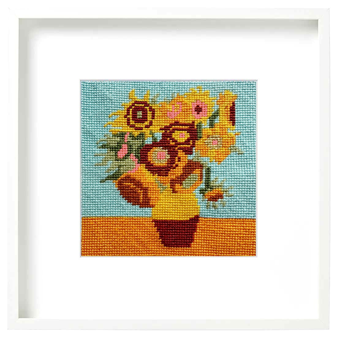 Van Gogh needlepoint Sunflowers mini kit shown in a frame.