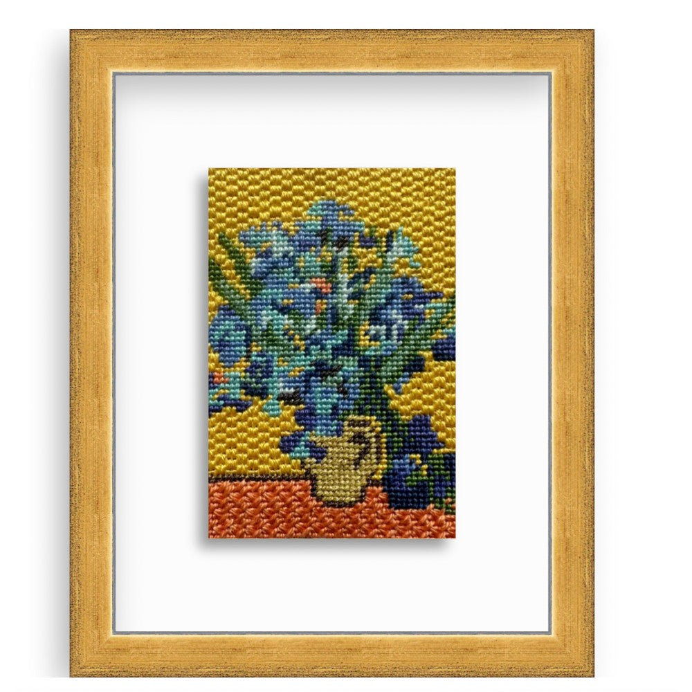 Van Gogh needlepoint Irises mini kit shown in a frame.