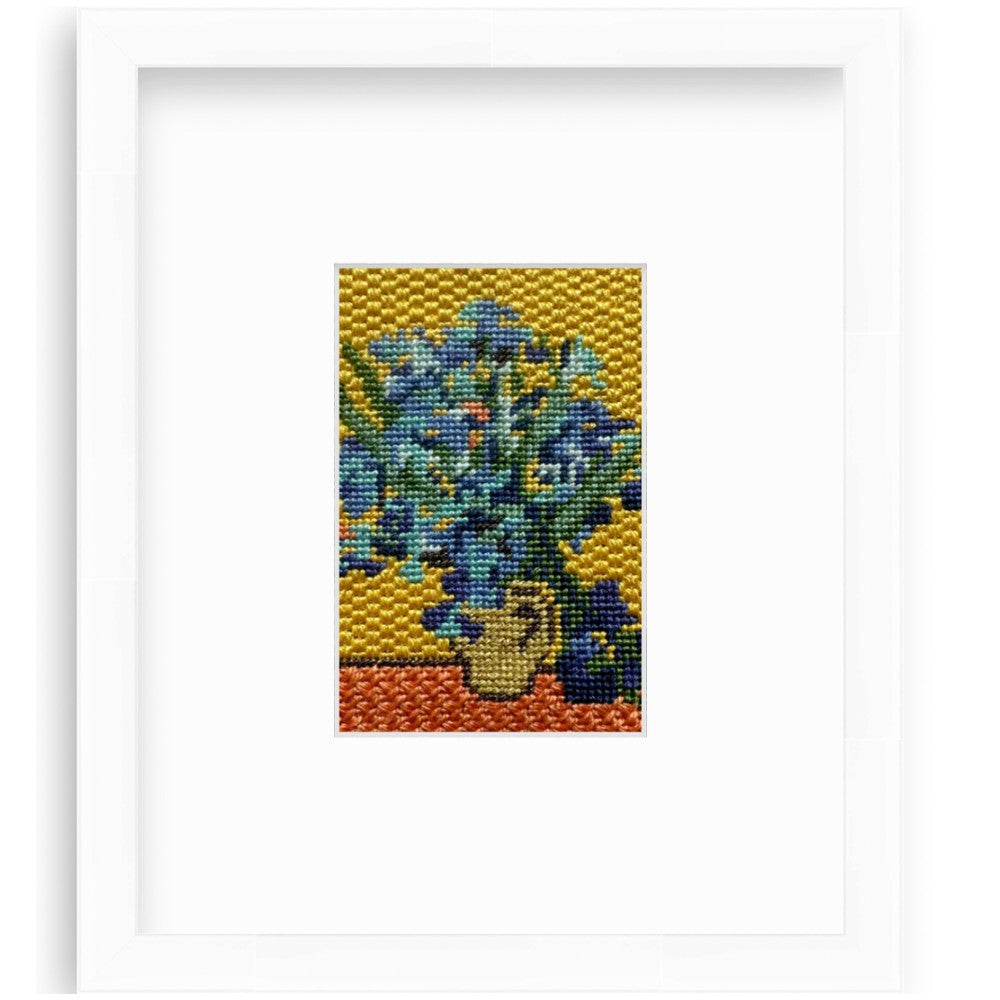 Van Gogh needlepoint Irises mini kit shown in a frame.