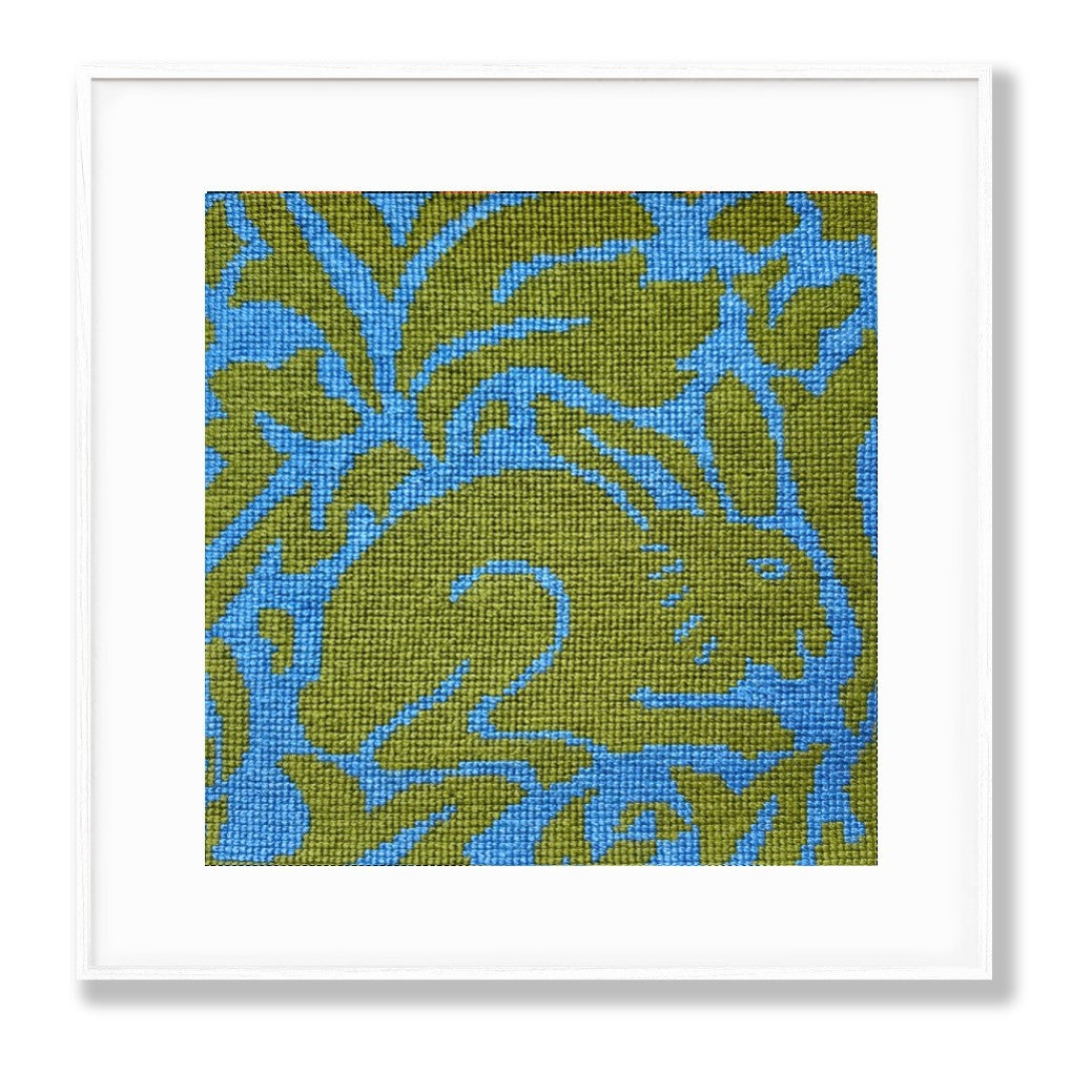 Victorian Cross stitch needlepoint tapestry kit of William MOrris-inspired rabbit in Blue and Moss