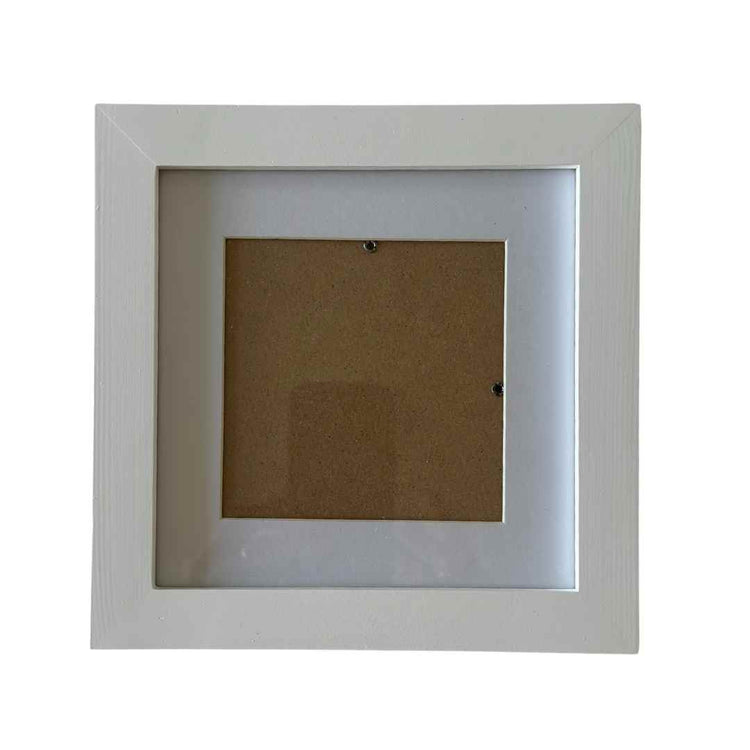 Square white frame for 4" x 4" needlepoint canvas.