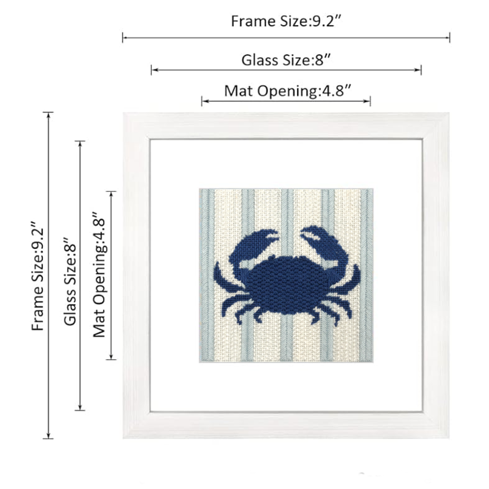 Framed artwork with a blue crab design on a striped background, showing dimensions.