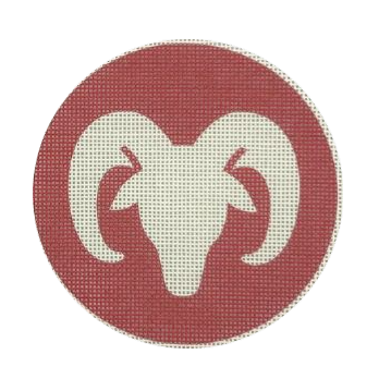 White Aries ram head design on a red circular background
