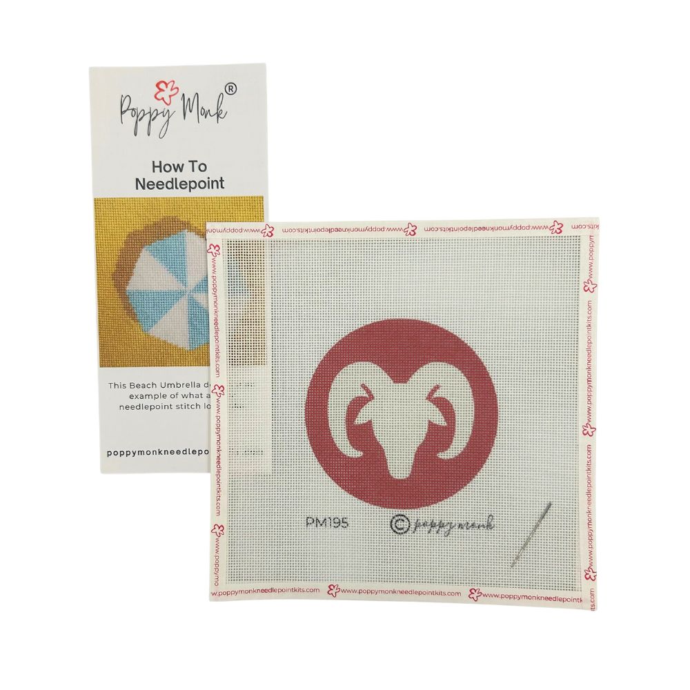 Aries round needlepoint design on a white background