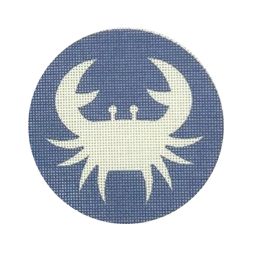 White crab design on a blue circular background