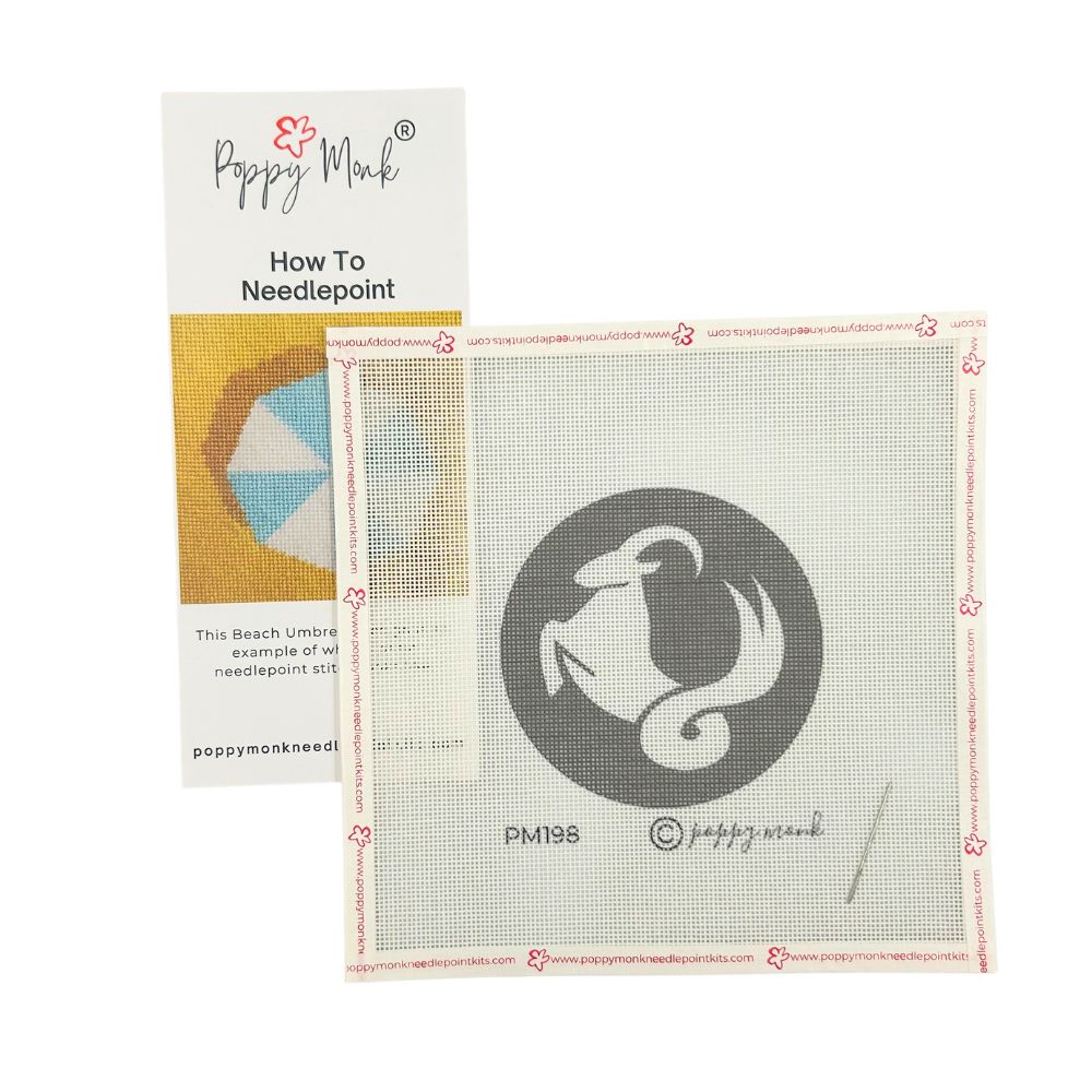 Poppy Monk needlepoint kit with Caprocorn goat pattern and instructions on a white background