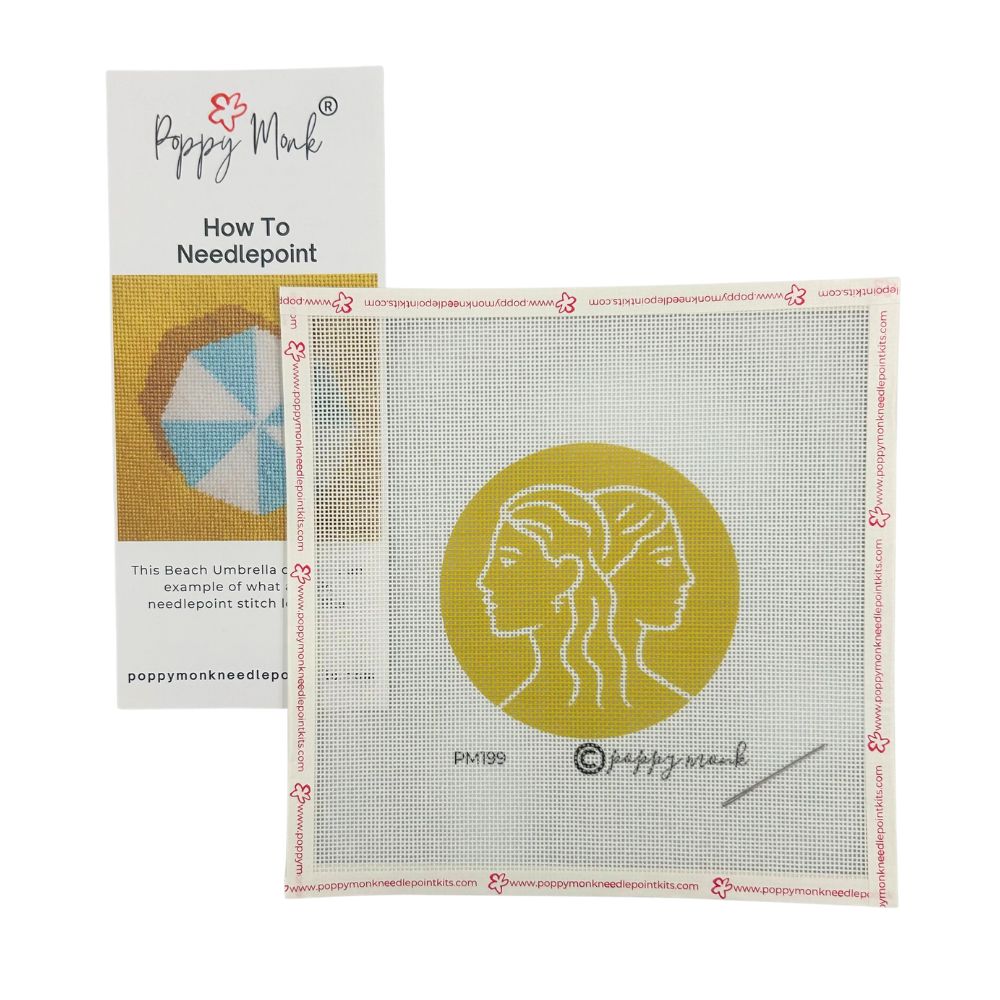 Needlepoint kit with Gemini Zodiac design and Poppy Monk branding on a white background