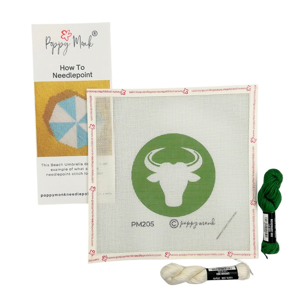 Taurus Zodiac round needlepoint design with threads