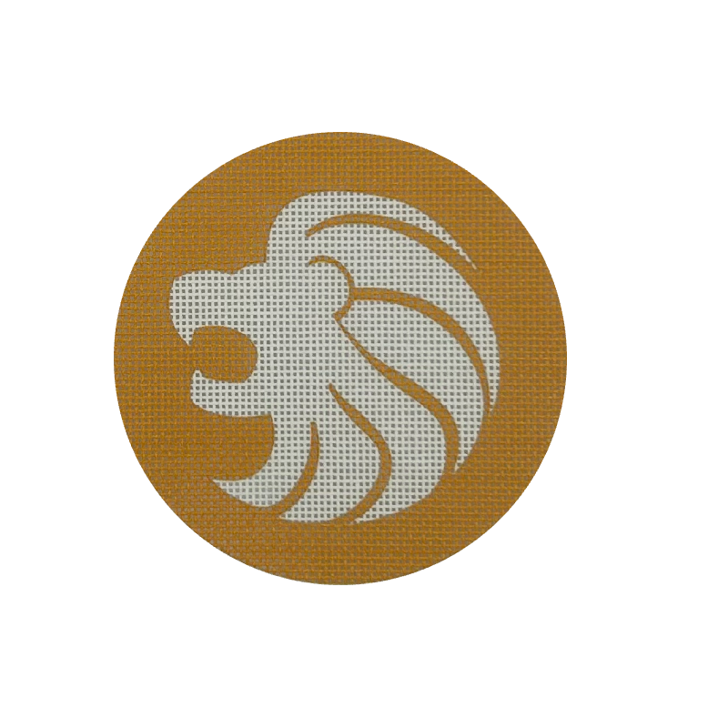 Circular needlepoint design with a white lion emblem on a brown background