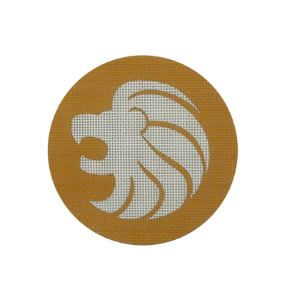 Circular needlepoint design with a white lion emblem on a brown background