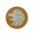 Circular needlepoint design with a white lion emblem on a brown background