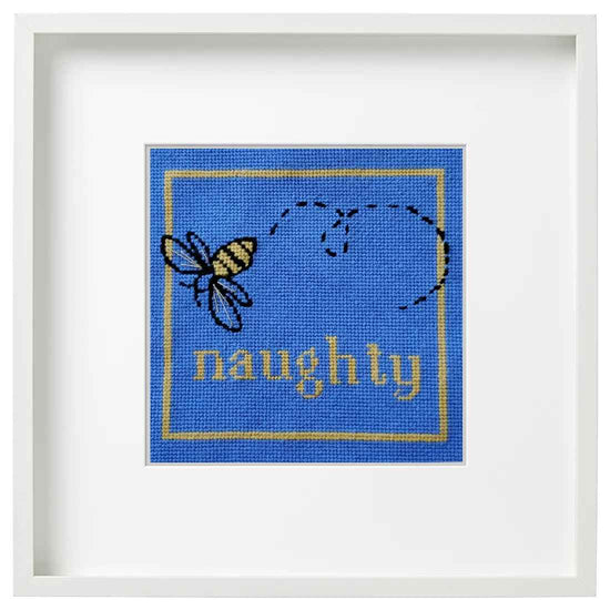 Bee Naughty small needlepoint kit with silk threads, shown in a white frame.