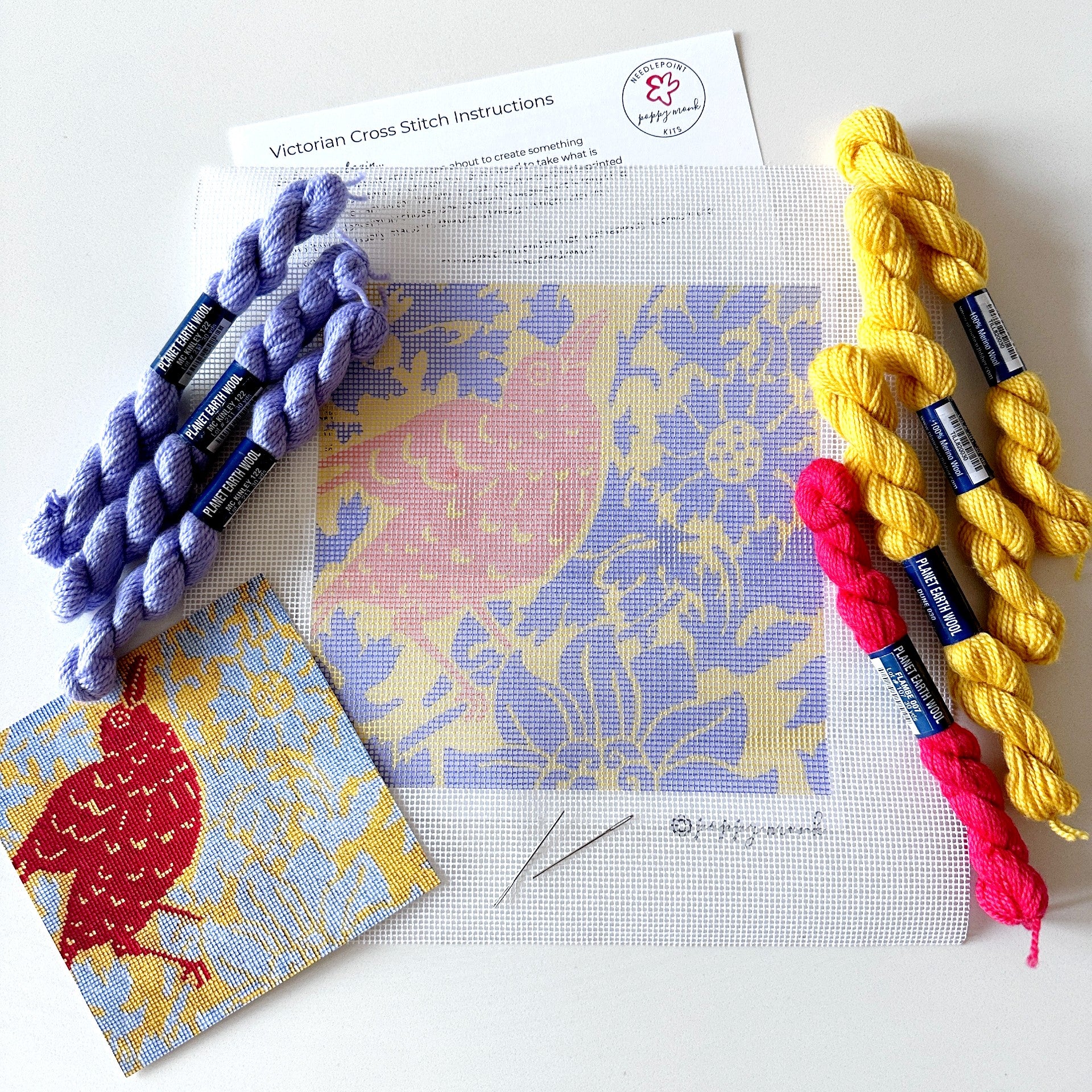 Bird and Anemone Victorian Cross Stitch needlepoint kit similar to Elizabeth Bradley needlepoint kits.