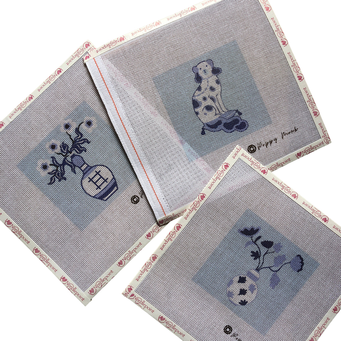 Blue and white needlepoint designs inspired by Chinoiserie.