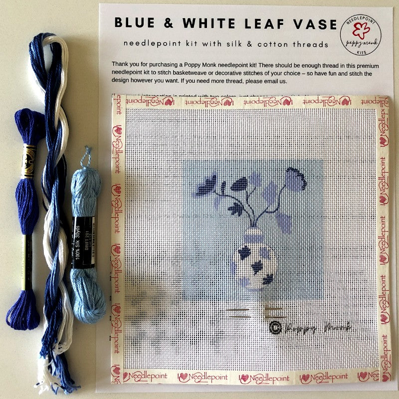 blue and white needlepoint kit with chinoiserie leaf vase