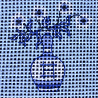 blue and white needlepoint chinoiserie magnolia vase