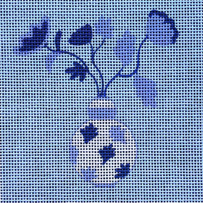 blue and white needlepoint chinoiserie leaf vase