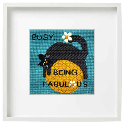 Busy being fabulous needlepoint kit design with a black cat.