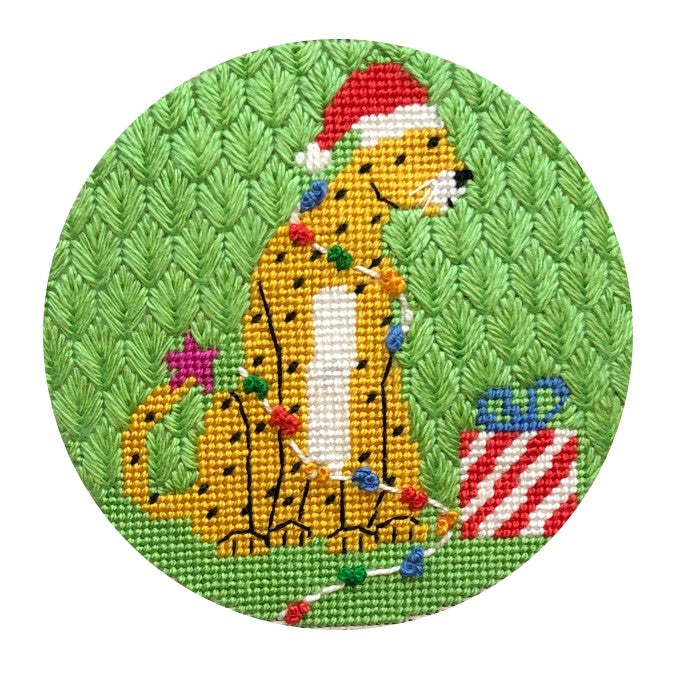 cheetah needlepoint ornament kit with decorative stitches
