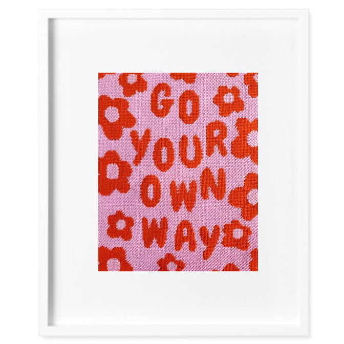 Go Your Own Way modern needlepoint in colorful pink and red.