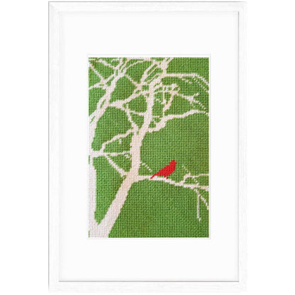 Red Bird Contemporary needlepoint kit shown stitched and framed