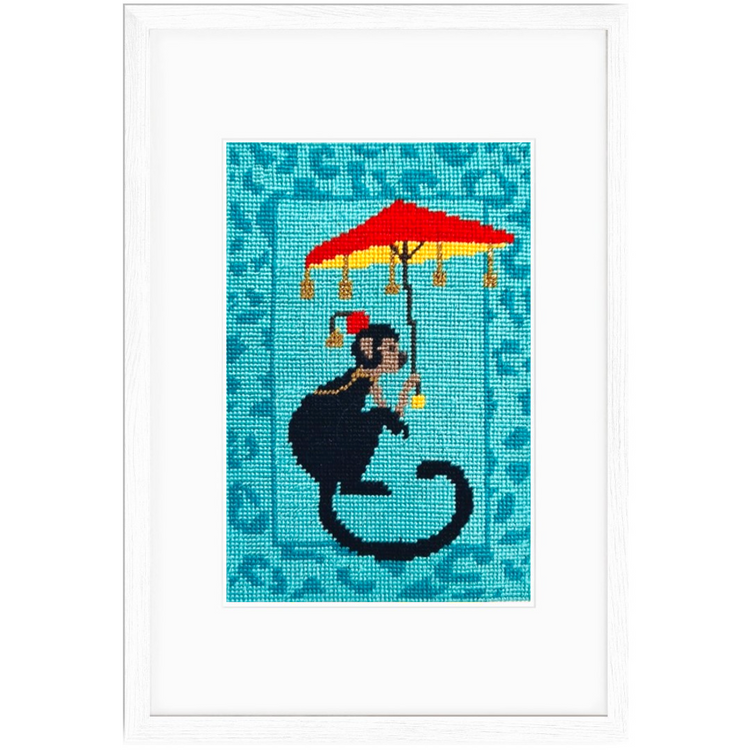 Chinoiserie Monkey needlepoint in teal