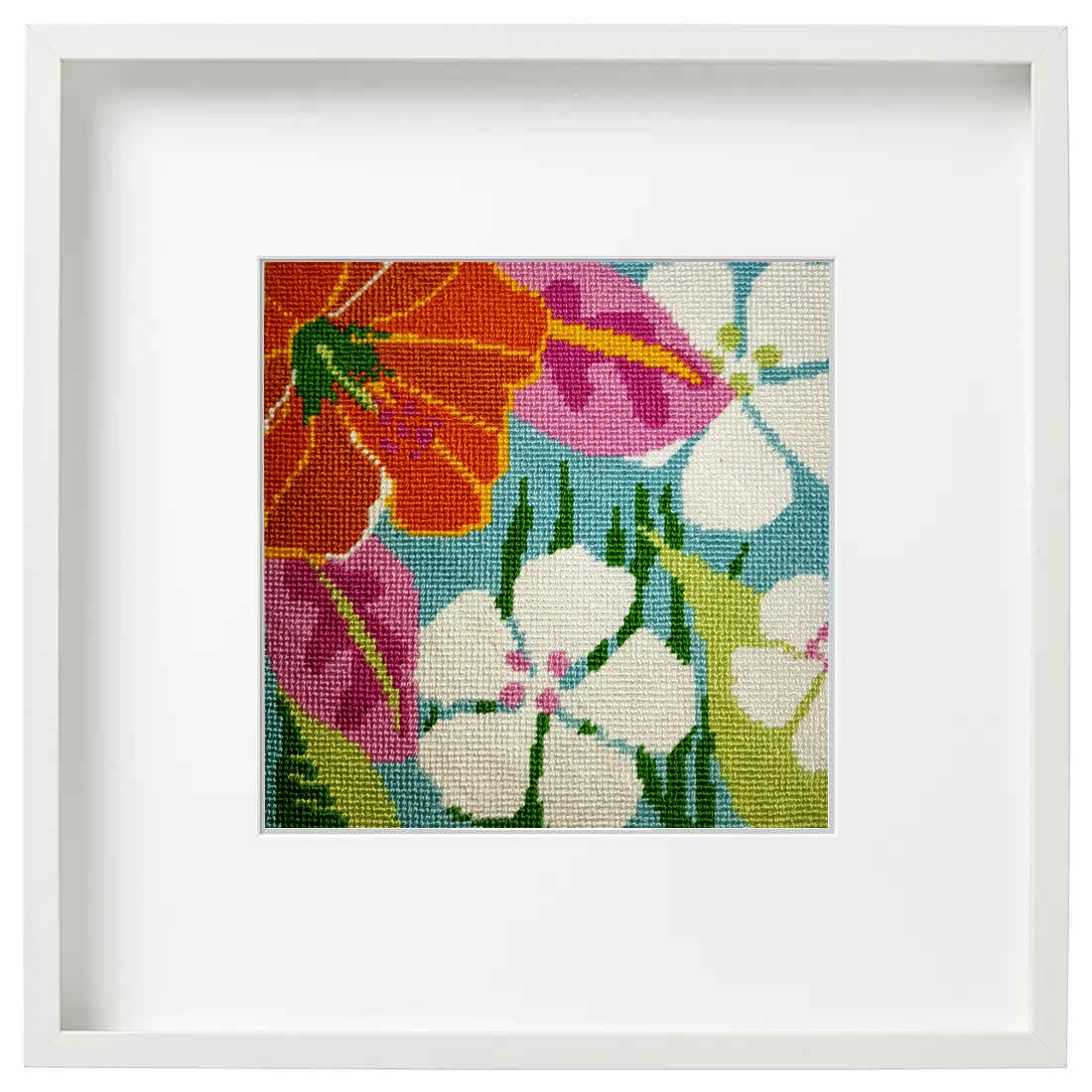 Tropical Flowers needlepoint design shown in a frame.