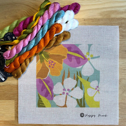 Tropical flowers brightly colored needlepoint design on 14 count canvas.
